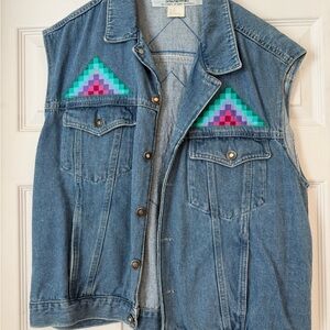 Vintage Denim Vest with Colorful Triangle Patches Quilted COACHELLA